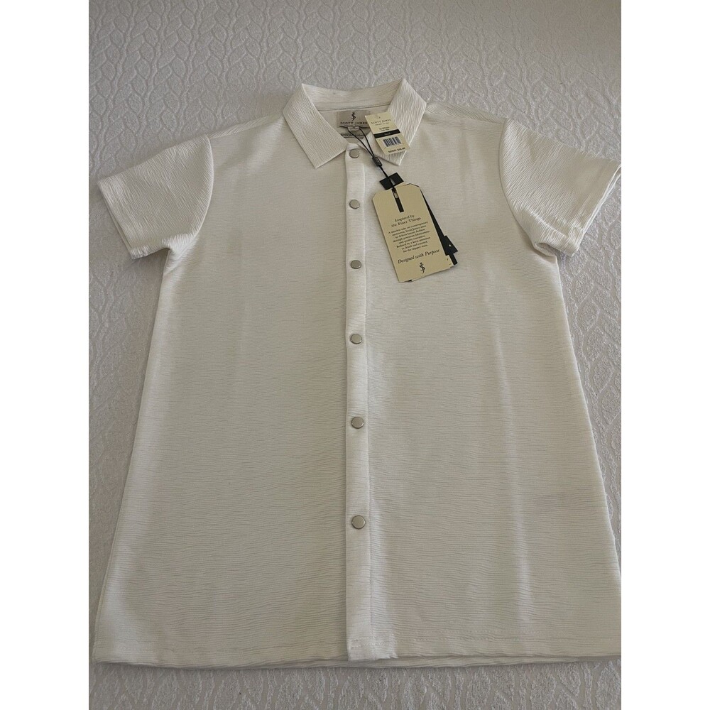 Scott James Sz Small Men's Polo Shirt Silver-Tone Metallic Snap Button White NEW